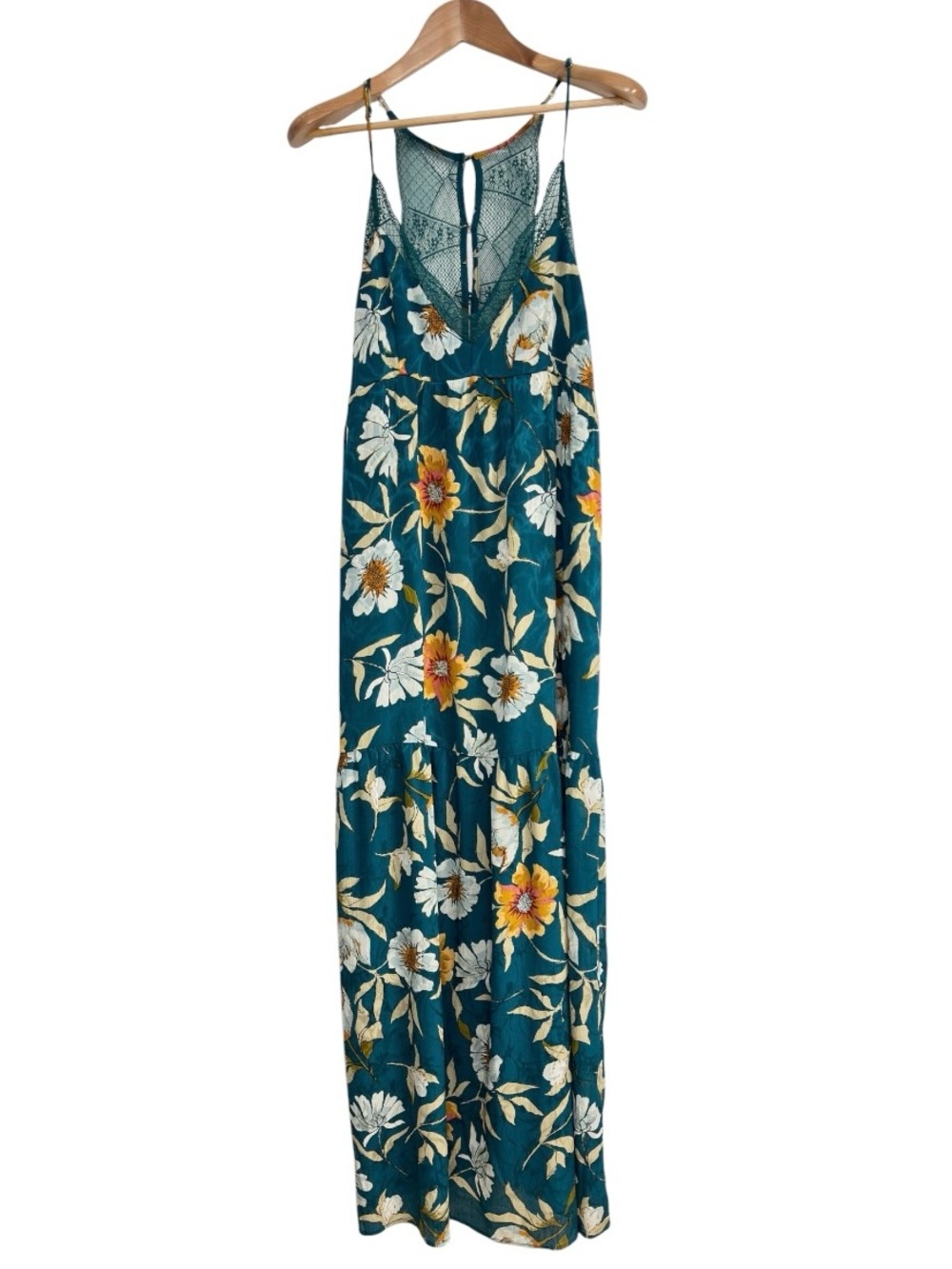 Lovestitch Floral Lace Racerback Tiered Maxi Dress Teal Boho Size Large